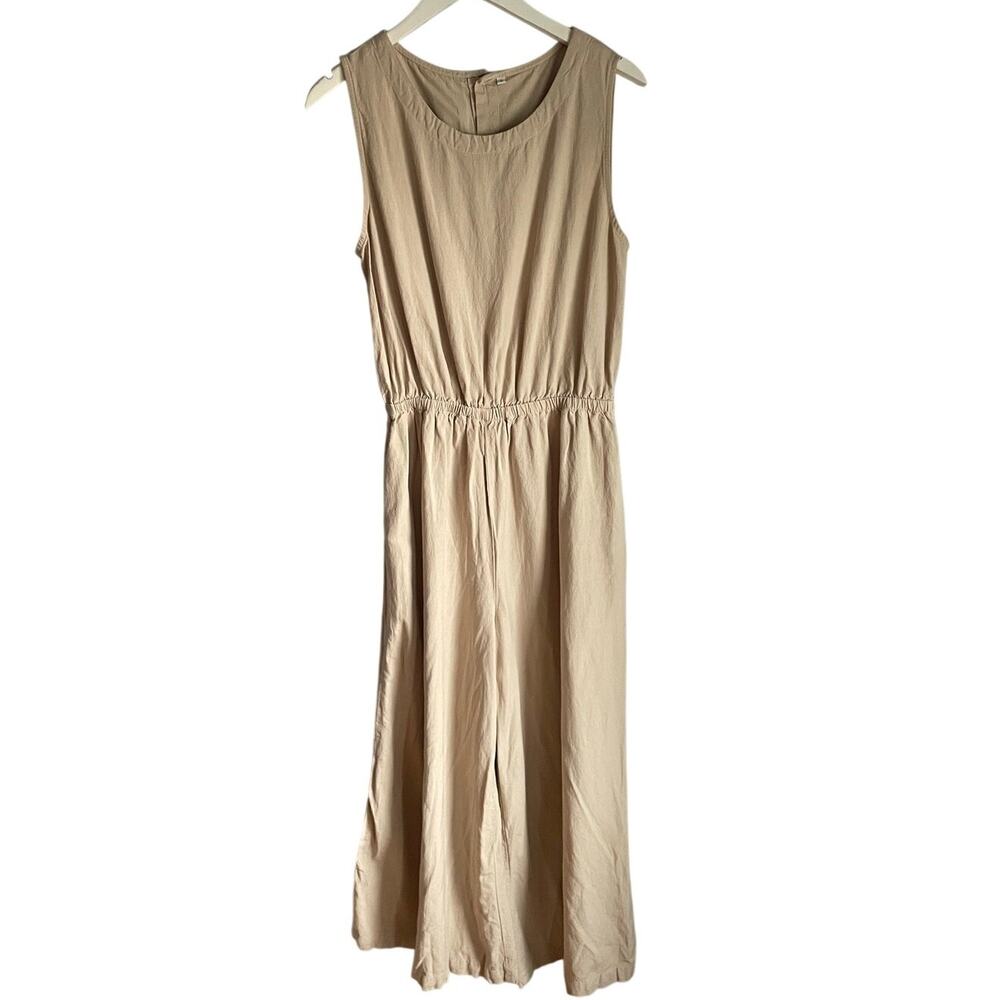 Chouyatou Cotton Linen Beige Jumpsuit Wide Leg Minimalist Lagenlook Boho Large